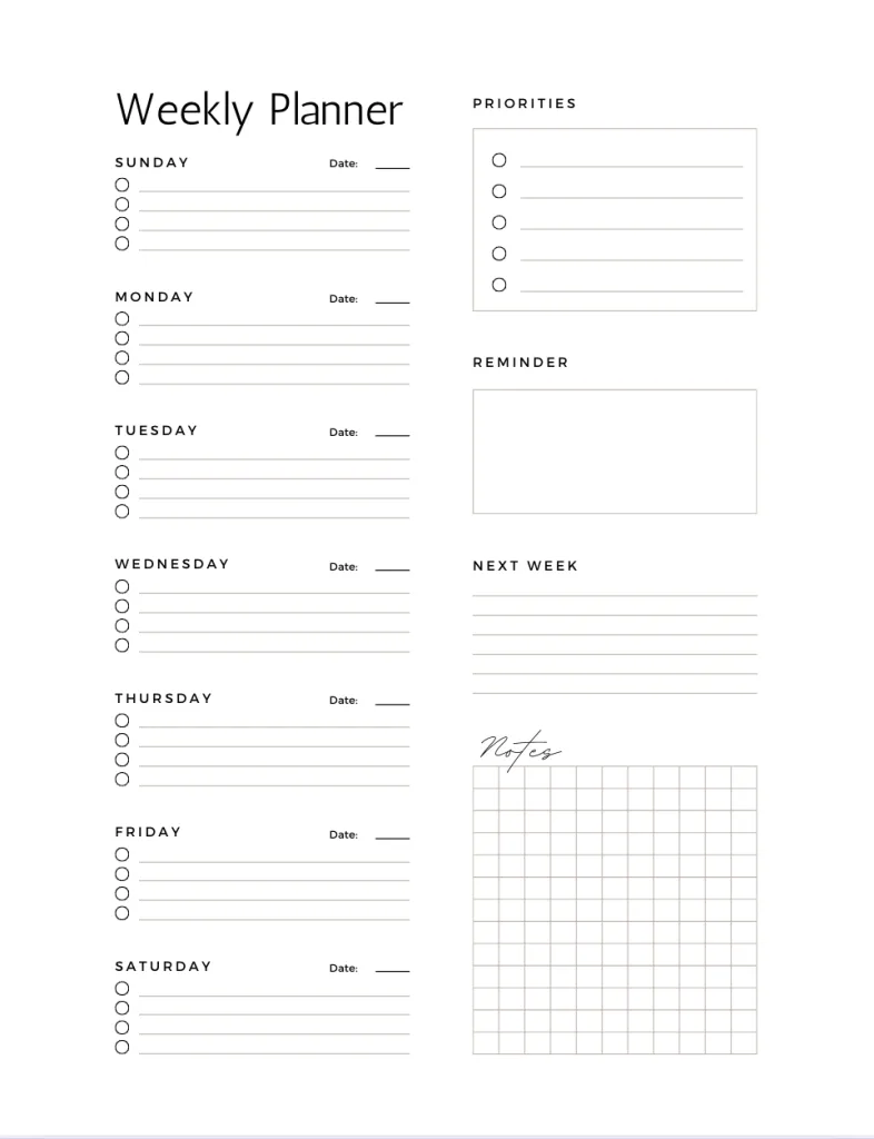 simple 2025 Weekly Calendars